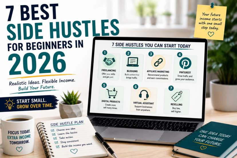 7 best side hustles for beginners in 2026, including freelancing, blogging, affiliate marketing, Pinterest, digital products, virtual assistance, and reselling.