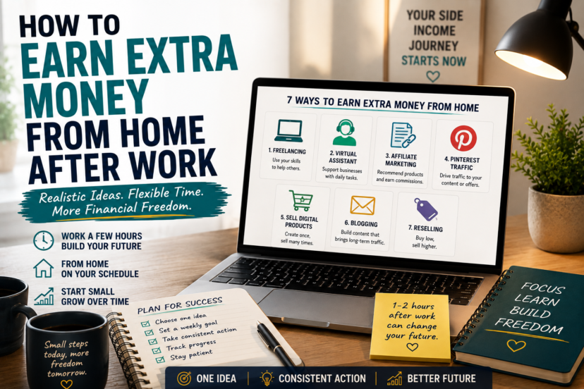 How to earn extra money from home after work with realistic side hustles including freelancing, virtual assistance, blogging, affiliate marketing, Pinterest, digital products, and reselling.