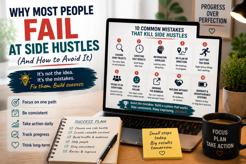 Why most people fail at side hustles and 10 common mistakes beginners can avoid to build a realistic side income.