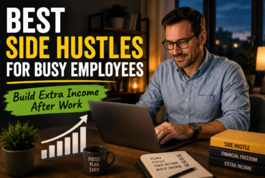 Busy employee working on a side hustle after work to build extra income from home