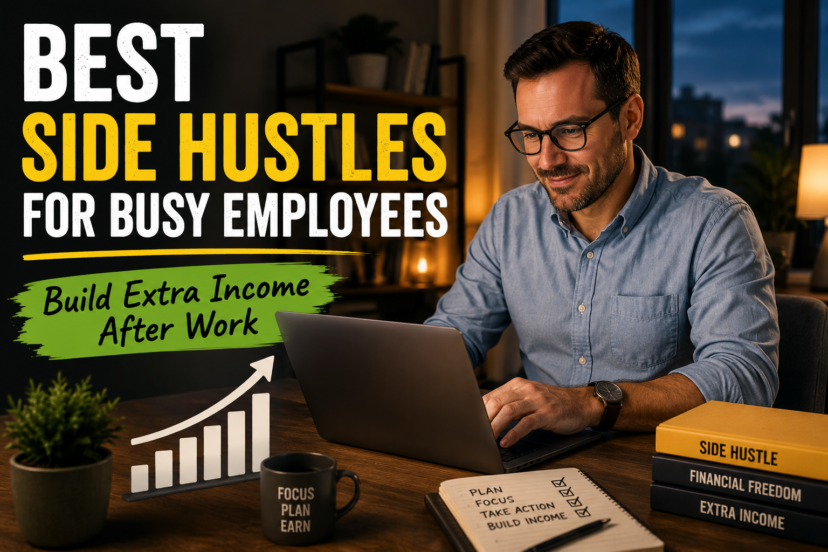 Busy employee working on a side hustle after work to build extra income from home