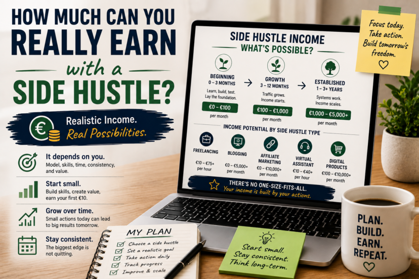 How much can you really earn with a side hustle? Realistic income potential for freelancing, blogging, affiliate marketing, virtual assistance, and digital products.