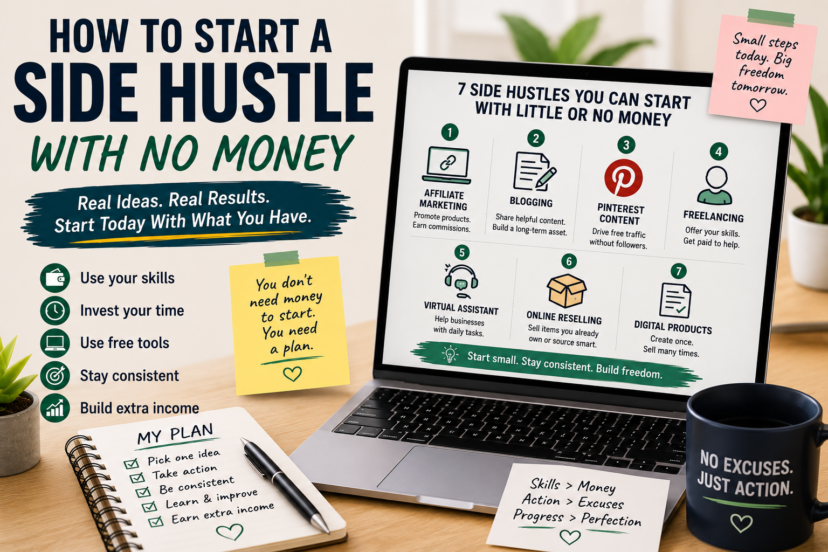 How to start a side hustle with no money using your existing skills, free tools, and realistic beginner-friendly side hustle ideas.