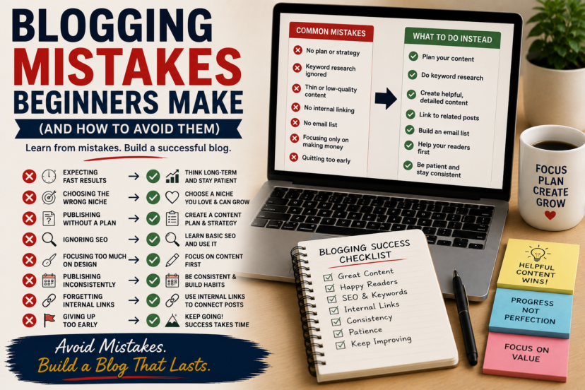 Beginner blogger learning from common blogging mistakes and improving a website over time.