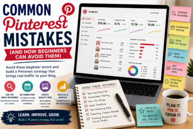 Blogger reviewing common Pinterest mistakes on a laptop while planning a better Pinterest strategy.
