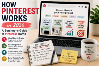 Pinterest dashboard showing pins, keywords, and website traffic strategies for beginners in 2026.