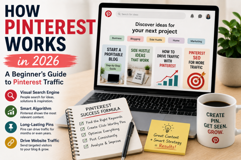 Pinterest dashboard showing pins, keywords, and website traffic strategies for beginners in 2026.