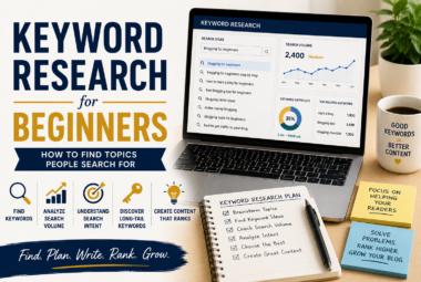 Keyword research dashboard showing search terms, rankings, and content ideas for beginner bloggers.