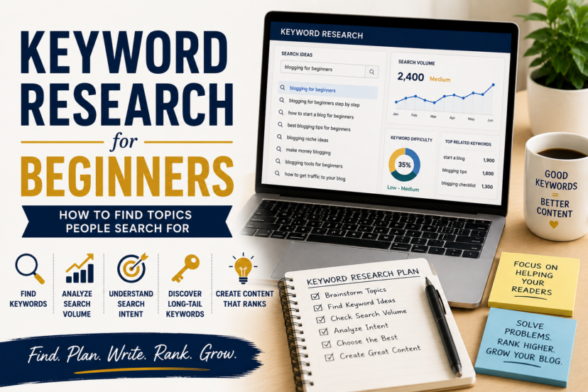 Keyword research dashboard showing search terms, rankings, and content ideas for beginner bloggers.