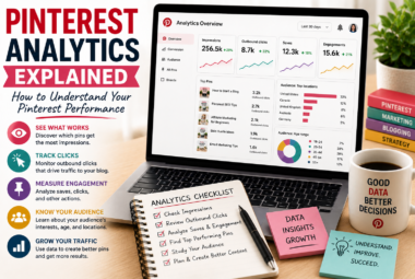 Blogger analyzing Pinterest Analytics on a laptop to improve pin performance and website traffic.