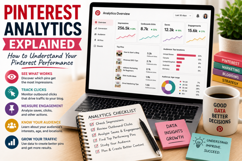 Blogger analyzing Pinterest Analytics on a laptop to improve pin performance and website traffic.