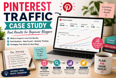 Blogger analyzing Pinterest traffic growth on a laptop with analytics charts, pin statistics, and notes showing realistic results over several months.