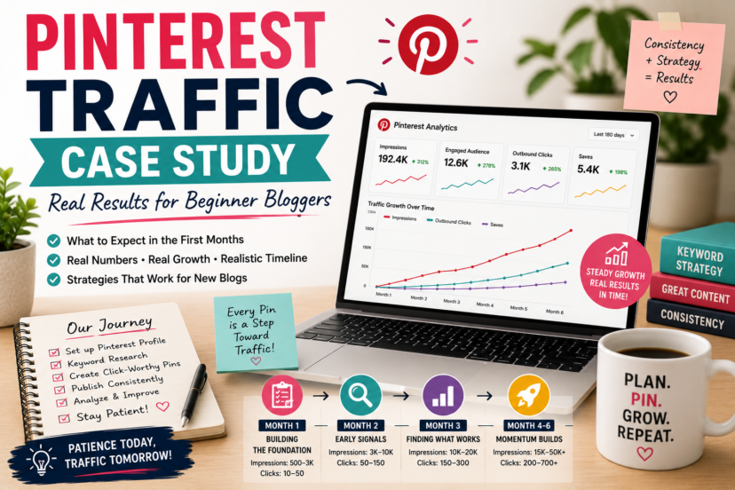 Blogger analyzing Pinterest traffic growth on a laptop with analytics charts, pin statistics, and notes showing realistic results over several months.