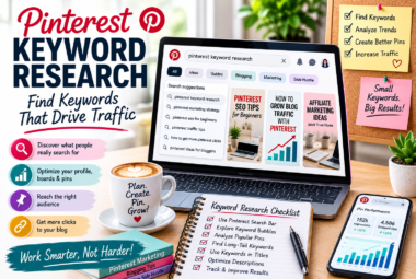 Blogger researching Pinterest keywords on a laptop using search suggestions and analytics.