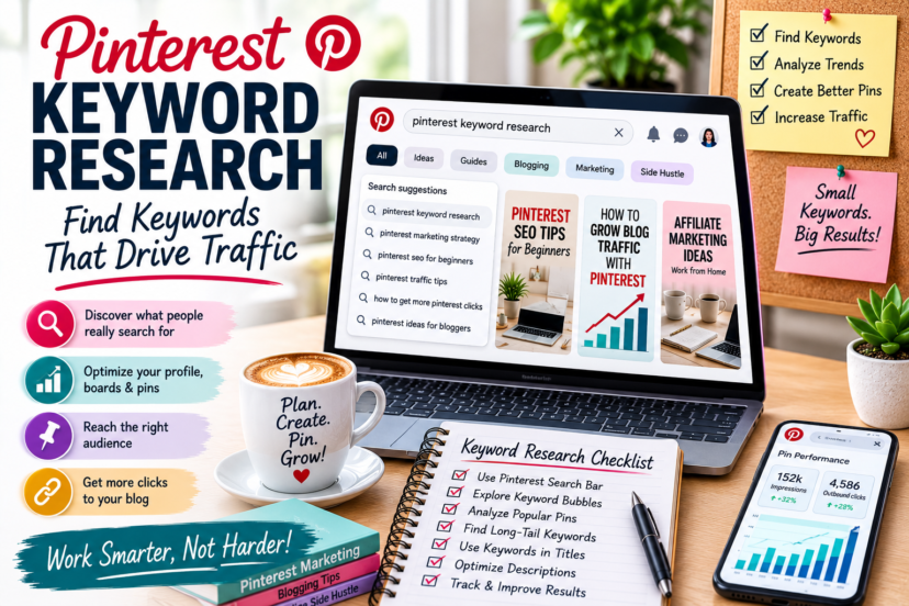 Blogger researching Pinterest keywords on a laptop using search suggestions and analytics.