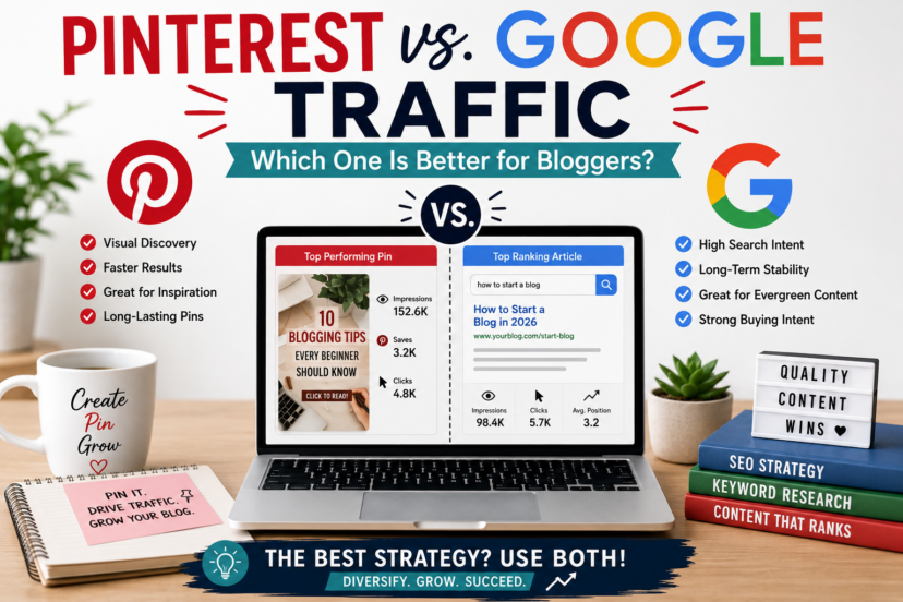 Comparison graphic showing Pinterest and Google traffic strategies for bloggers, with a laptop displaying analytics, Pinterest and Google logos, and visual elements representing SEO, keyword research, and content creation.