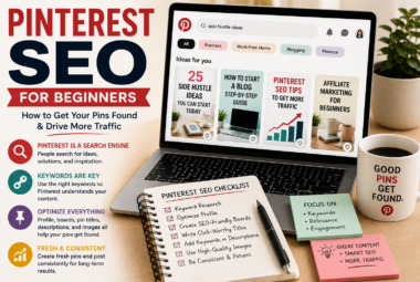 Pinterest SEO dashboard showing keywords, boards, and optimized pins for beginners.