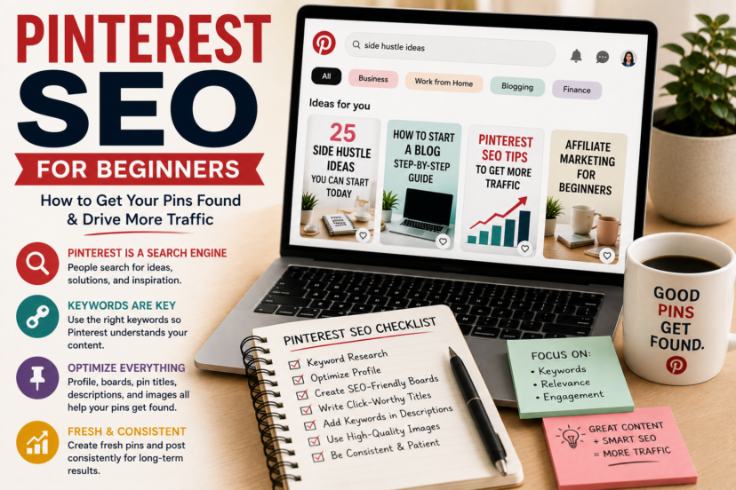 Pinterest SEO dashboard showing keywords, boards, and optimized pins for beginners.