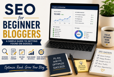 SEO dashboard on a laptop showing Google rankings, keywords, and blog optimization for beginner bloggers.