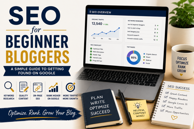 SEO dashboard on a laptop showing Google rankings, keywords, and blog optimization for beginner bloggers.