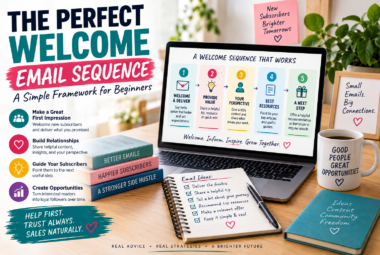 The perfect welcome email sequence for beginners, showing a simple framework to welcome subscribers, provide value, share your perspective, and guide the next step