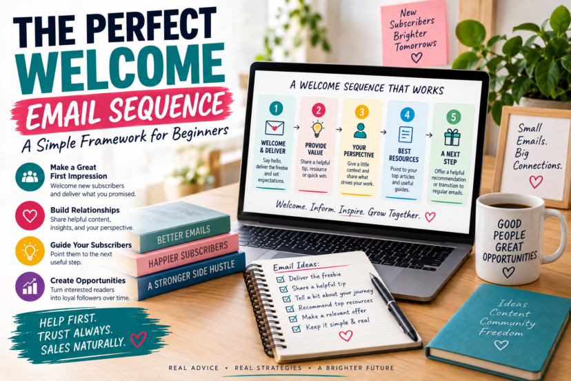The perfect welcome email sequence for beginners, showing a simple framework to welcome subscribers, provide value, share your perspective, and guide the next step