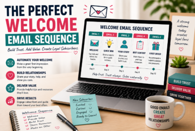 Laptop displaying an automated welcome email sequence with subscriber journey, email timeline, and engagement metrics on a modern workspace.