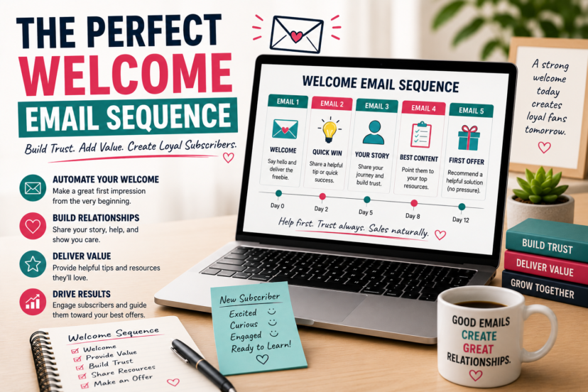 Laptop displaying an automated welcome email sequence with subscriber journey, email timeline, and engagement metrics on a modern workspace.