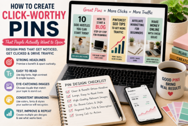 Blogger designing colorful Pinterest pins on a laptop to attract more clicks and website traffic.
