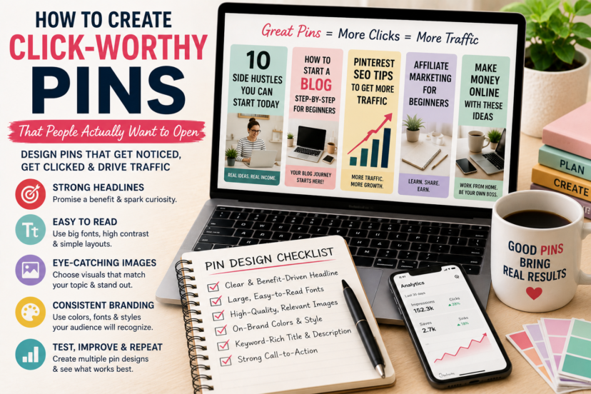 Blogger designing colorful Pinterest pins on a laptop to attract more clicks and website traffic.