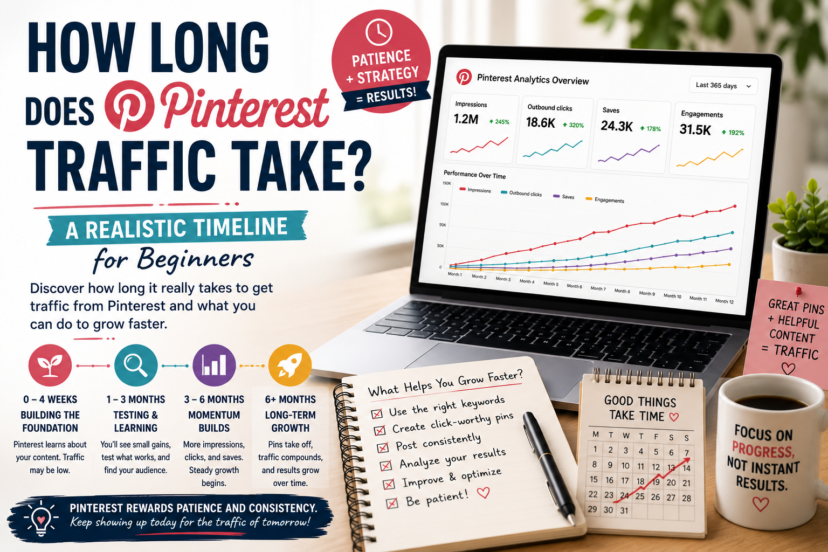 Blogger tracking Pinterest traffic growth over time on a laptop with analytics charts and pin performance data.