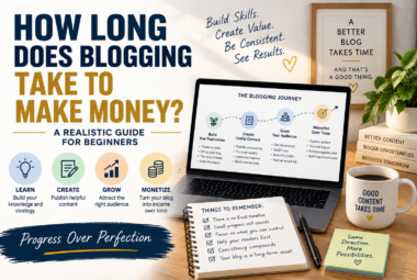 How long blogging takes to make money, illustrating the journey from building content and traffic to monetization and long-term growth