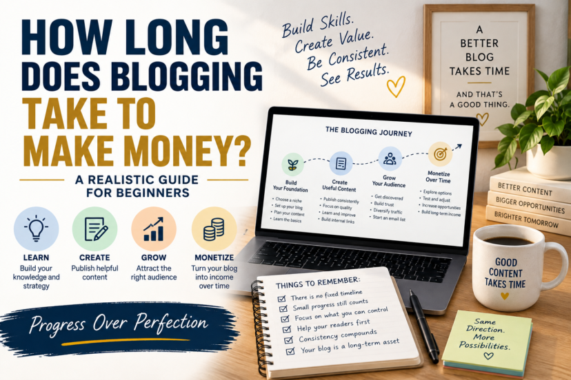 How long blogging takes to make money, illustrating the journey from building content and traffic to monetization and long-term growth