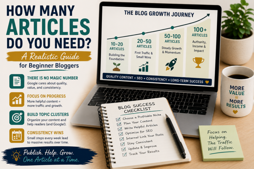 Beginner blogger tracking the number of published articles and website growth over time.