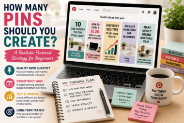 Beginner blogger planning and creating Pinterest pins on a laptop while tracking content performance.