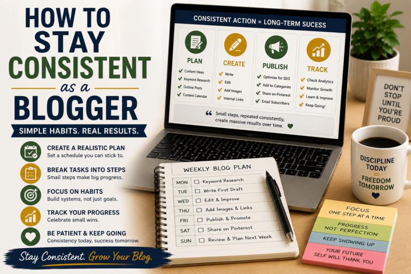 Blogger planning content and tracking progress to stay consistent with publishing and long-term growth.