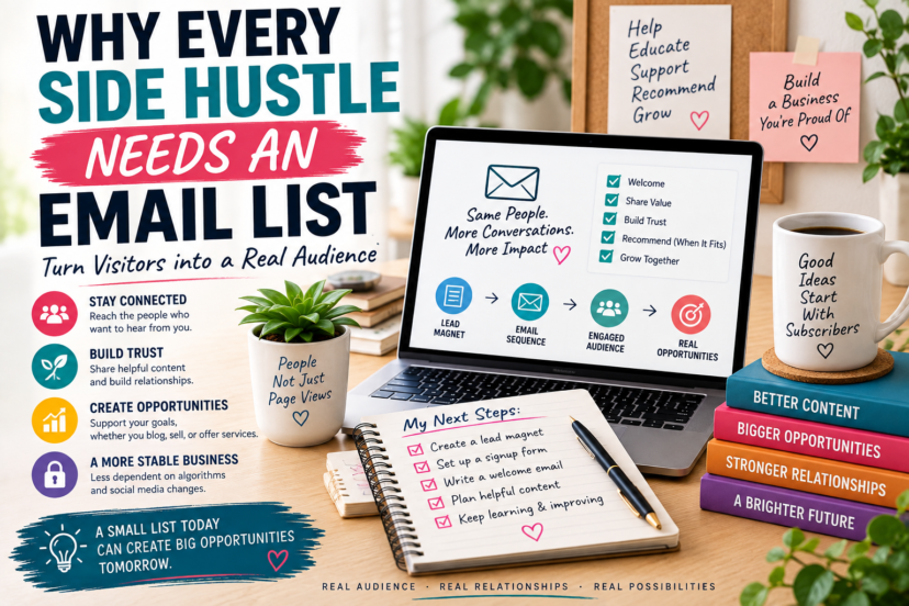 Why every side hustle needs an email list, showing how visitors can become subscribers through useful content, trust, and ongoing communication