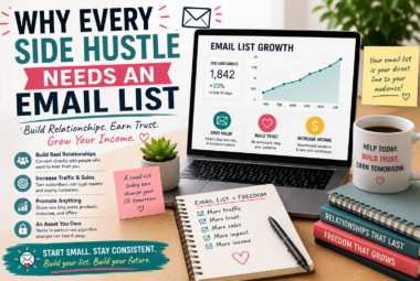 Blogger building an email list on a laptop with subscriber growth charts, email notifications, and marketing notes in a modern workspace.