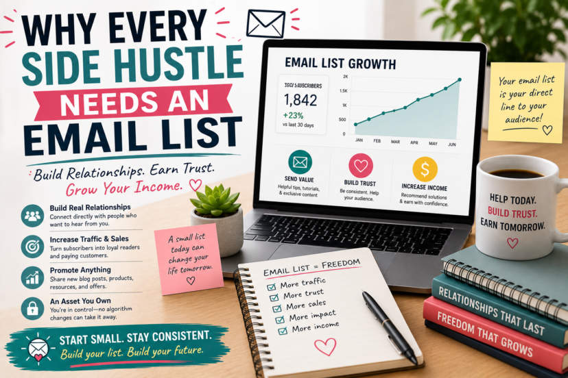 Blogger building an email list on a laptop with subscriber growth charts, email notifications, and marketing notes in a modern workspace.
