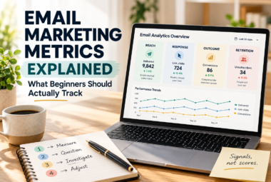 Email marketing metrics explained for beginners, with a dashboard showing deliveries, clicks, conversions, and unsubscribes