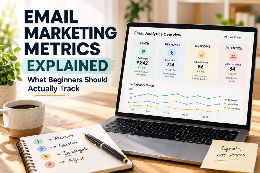 Email marketing metrics explained for beginners, with a dashboard showing deliveries, clicks, conversions, and unsubscribes