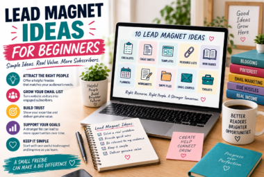 Lead magnet ideas for beginners, showing 10 useful formats including checklists, templates, worksheets, planners, email courses, and toolkits