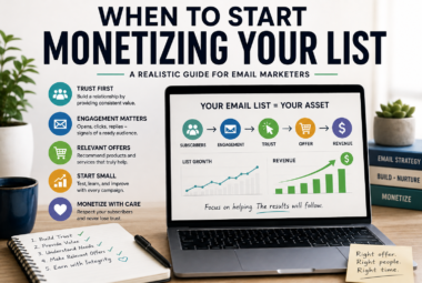 When to monetize your email list with trust, engagement, relevant offers, subscriber growth, and revenue as key factors.